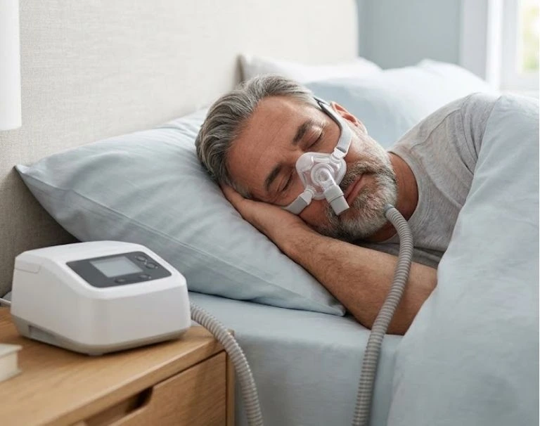 adulto durmiendo con cpap para ronquidos